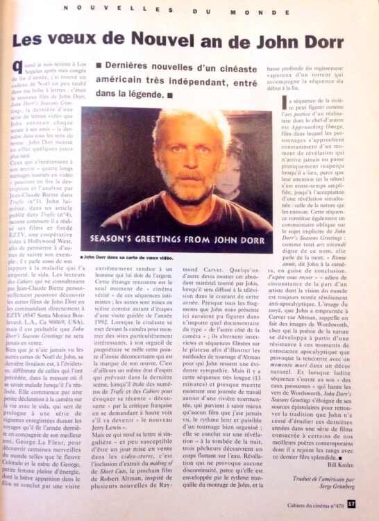 Bill Krohn, « Les vœux du nouvel an de John Dorr », Les Cahiers du cinéma, n°470, nov. 1993 - EZTV