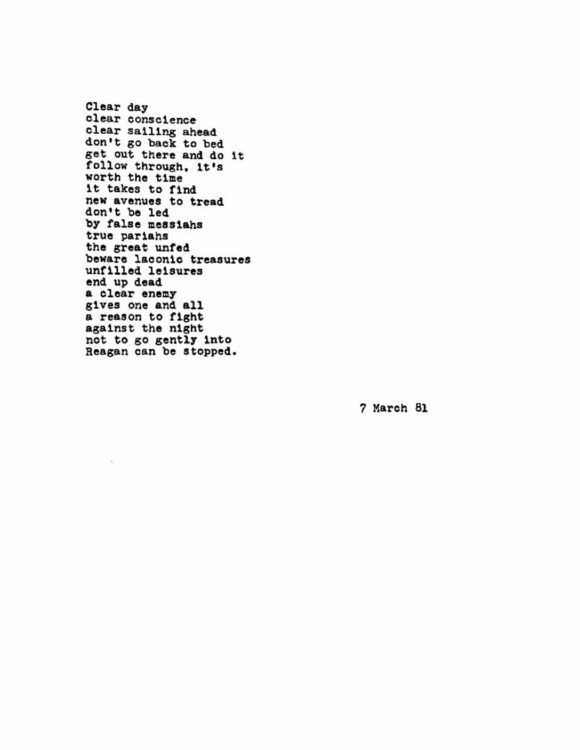 John Dorr « Clear Day », poème, 7 mars 1981, Archives personnelles de Strawn Bovee - EZTV