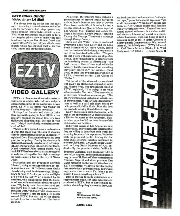 Renee Tajima, « EZTV Offers Off-Off Video in an LA Mall », The Independent, mars 1984, non paginé. - EZTV