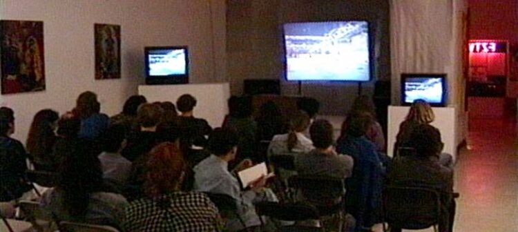 Screening room & wall gallery at EZTV Video Center (1986). - EZTV